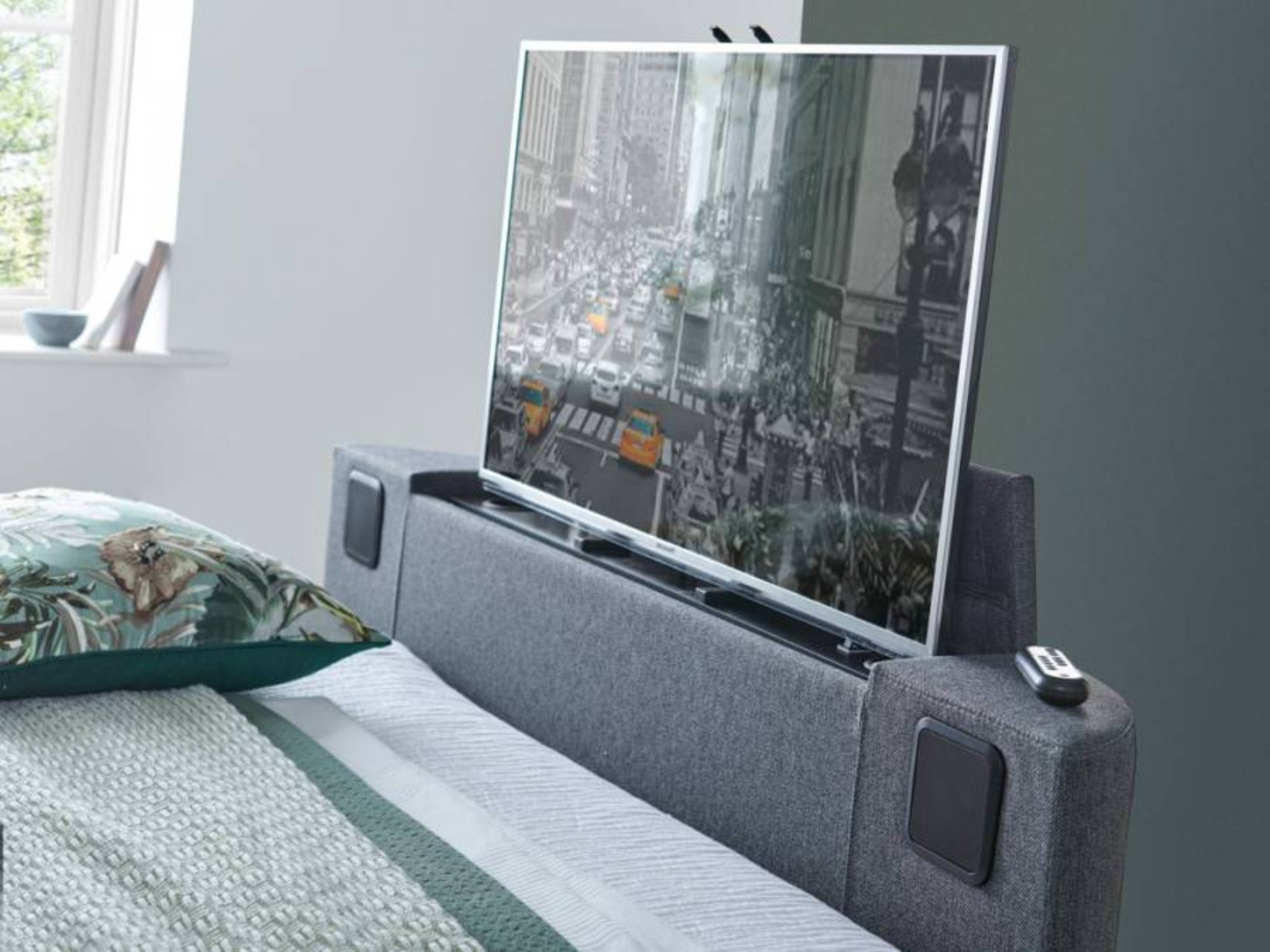 Modern stylish Upholstered Grey Fabric TV Bed with built in speakers 2.1 media tv bed ottoman storage luxury tv beds