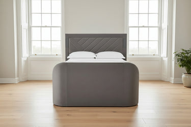Ottoman TV Bed 5.1 Media TV bed with true sound surround sound built in soundbar speakers tv lift luxury grey velvet upholstery