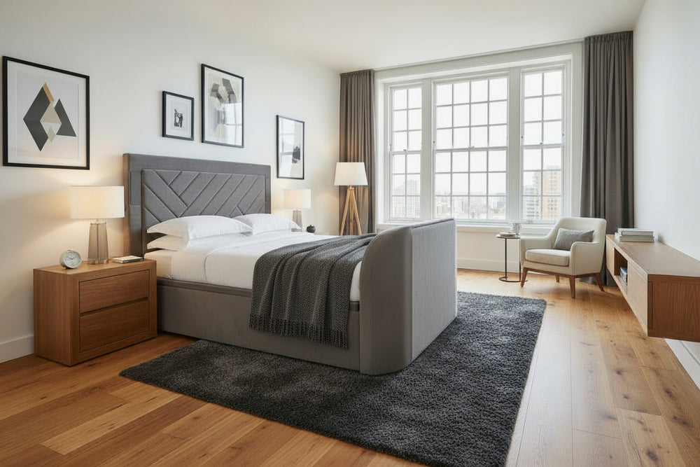 Ottoman TV Bed 5.1 Media TV bed with true sound surround sound built in soundbar speakers tv lift luxury grey velvet upholstery
