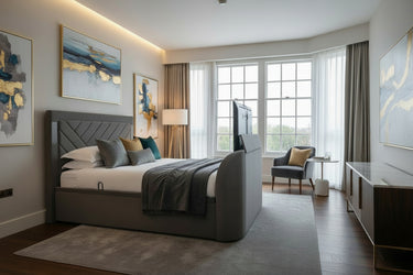 Ottoman TV Bed 5.1 Media TV bed with true sound surround sound built in soundbar speakers tv lift luxury grey velvet upholstery