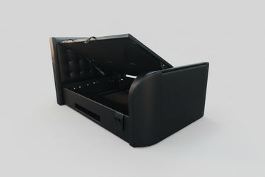 Luxury Black Leather Surround Sound TV bed with built in soundbar speakers tv lift and ottoman storage