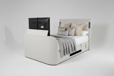 Luxury Surround sound 5.1 Media tv bed with built in soundbar speakers tv lift and ottoman storage upholstered in natural fabric luxury modern living