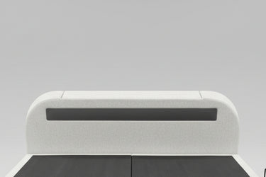 Luxury Surround sound 5.1 Media tv bed with built in soundbar speakers tv lift and ottoman storage upholstered in natural fabric luxury modern living