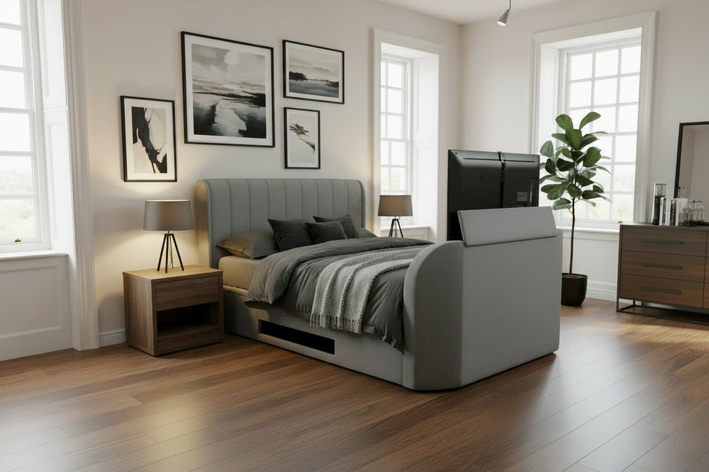luxury grey tv bed with built in soundbar and tv lift ottoman storage and 2.1 media sound
