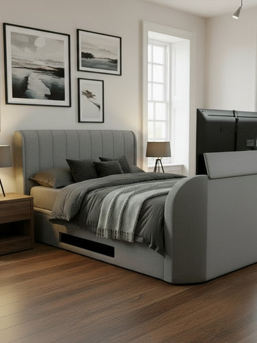 luxury grey tv bed with built in soundbar and tv lift ottoman storage and 2.1 media sound