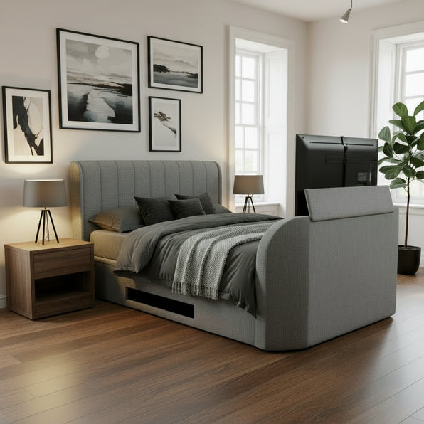 luxury grey tv bed with built in soundbar and tv lift ottoman storage and 2.1 media sound