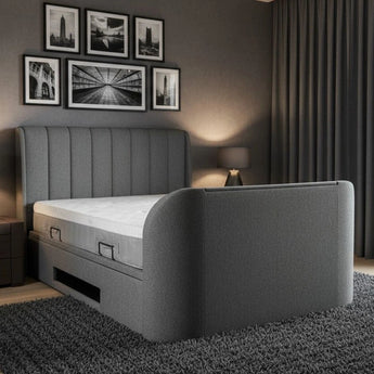 Grey upholstered luxury modern tv bed with built in soundbar and ottoman storage with 2.1 media and built in tv lift