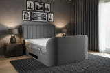Grey upholstered luxury modern tv bed with built in soundbar and ottoman storage with 2.1 media and built in tv lift