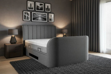 Grey upholstered luxury modern tv bed with built in soundbar and ottoman storage with 2.1 media and built in tv lift