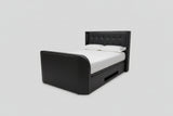 Luxury Black Leather Surround Sound TV bed with built in soundbar speakers tv lift and ottoman storage