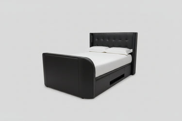 Luxury Black Leather Surround Sound TV bed with built in soundbar speakers tv lift and ottoman storage