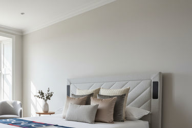 Luxury Surround sound 5.1 Media tv bed with built in soundbar speakers tv lift and ottoman storage upholstered in natural fabric luxury modern living