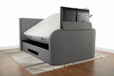 Grey upholstered luxury tv bed with built in soundbar and built in tv lift with winged headboard and ottoman storage with 2.1 media 