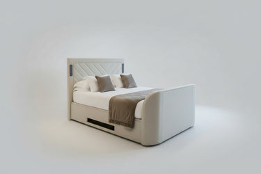 Luxury Surround sound 5.1 Media tv bed with built in soundbar speakers tv lift and ottoman storage upholstered in natural fabric luxury modern living