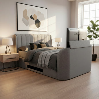 Luxury Grey TV Bed with built in soundbar and tv lift with ottoman storage 2.1 media tv bed
