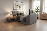 Luxury Grey TV Bed with built in soundbar and tv lift with ottoman storage 2.1 media tv bed
